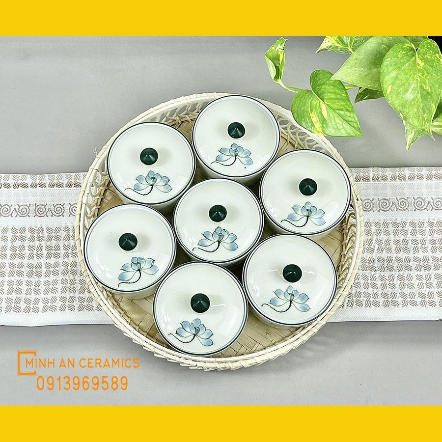 Bộ khay mứt Tết gốm Minh An Bát Tràng dáng tròn hoa văn vẽ tay thủ công