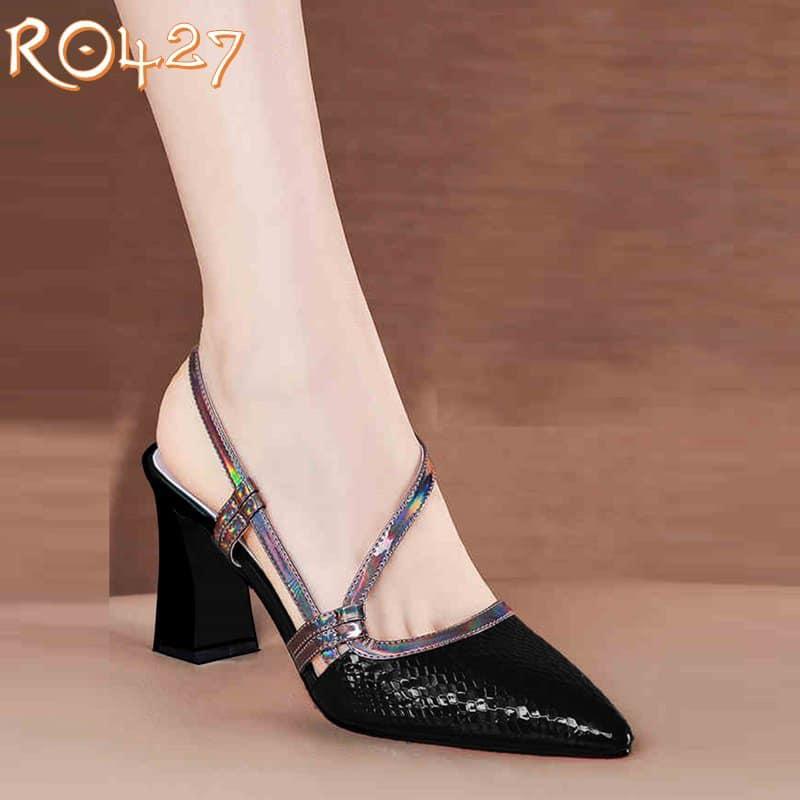 Giày cao gót nữ đẹp đế vuông 7 phân hàng hiệu rosata màu đen thời trang ro427