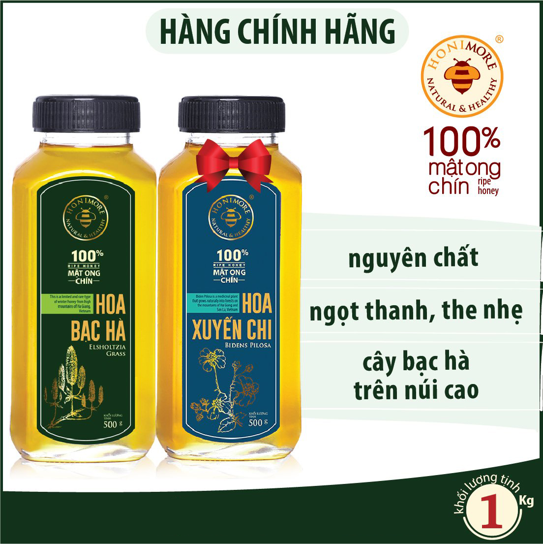 Hộp quà sức khỏe Thần Hoa - Combo Mật ong chín Honimore Hoa Bạc hà 500g - tặng 1 chai mật ong nguyên chất 500g