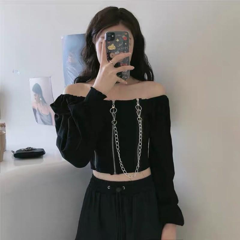 Áo trễ vai croptop khoá kéo cá tính mẫu 2021