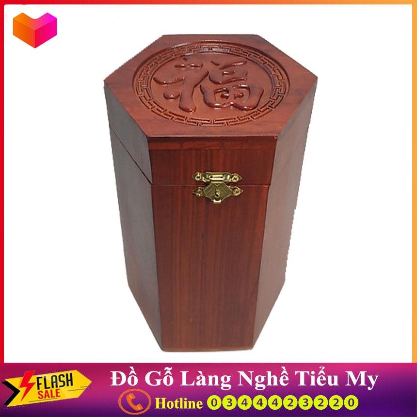 Hộp chè, Hộp đựng trà gỗ, hình lục lăng chữ PHÚC TÀU