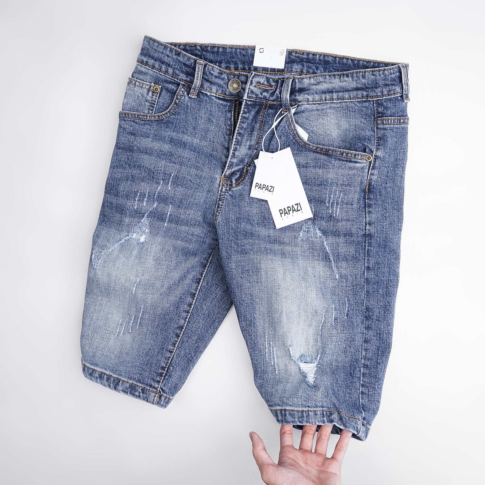 Quần đùi jean nam, quần short nam rách nhẹ màu xanh cao cấp, chất cotton co giãn mền mịn, phong cách trẻ trung năng động - PAPAZI