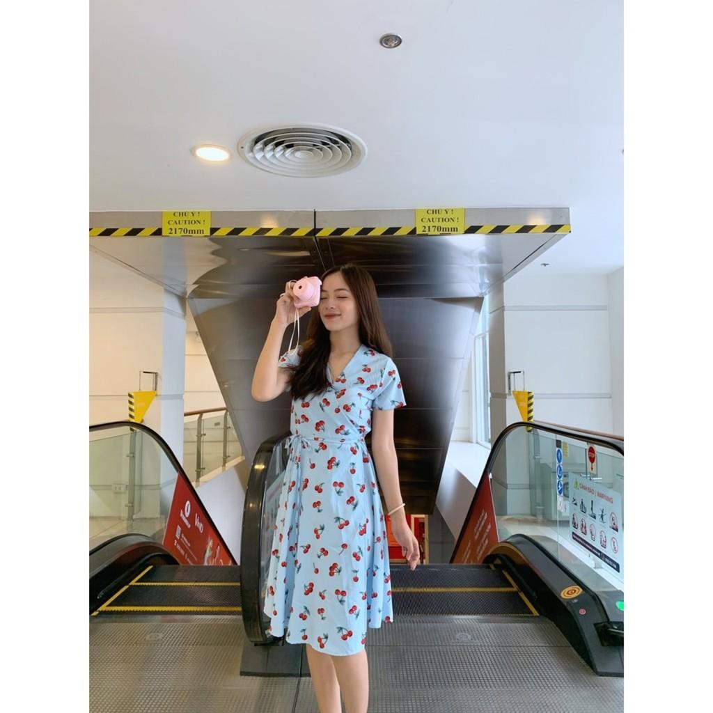 Đầm cổ chéo tà đắp họa tiết trái cây xanh và vàng CHERRY DRESS