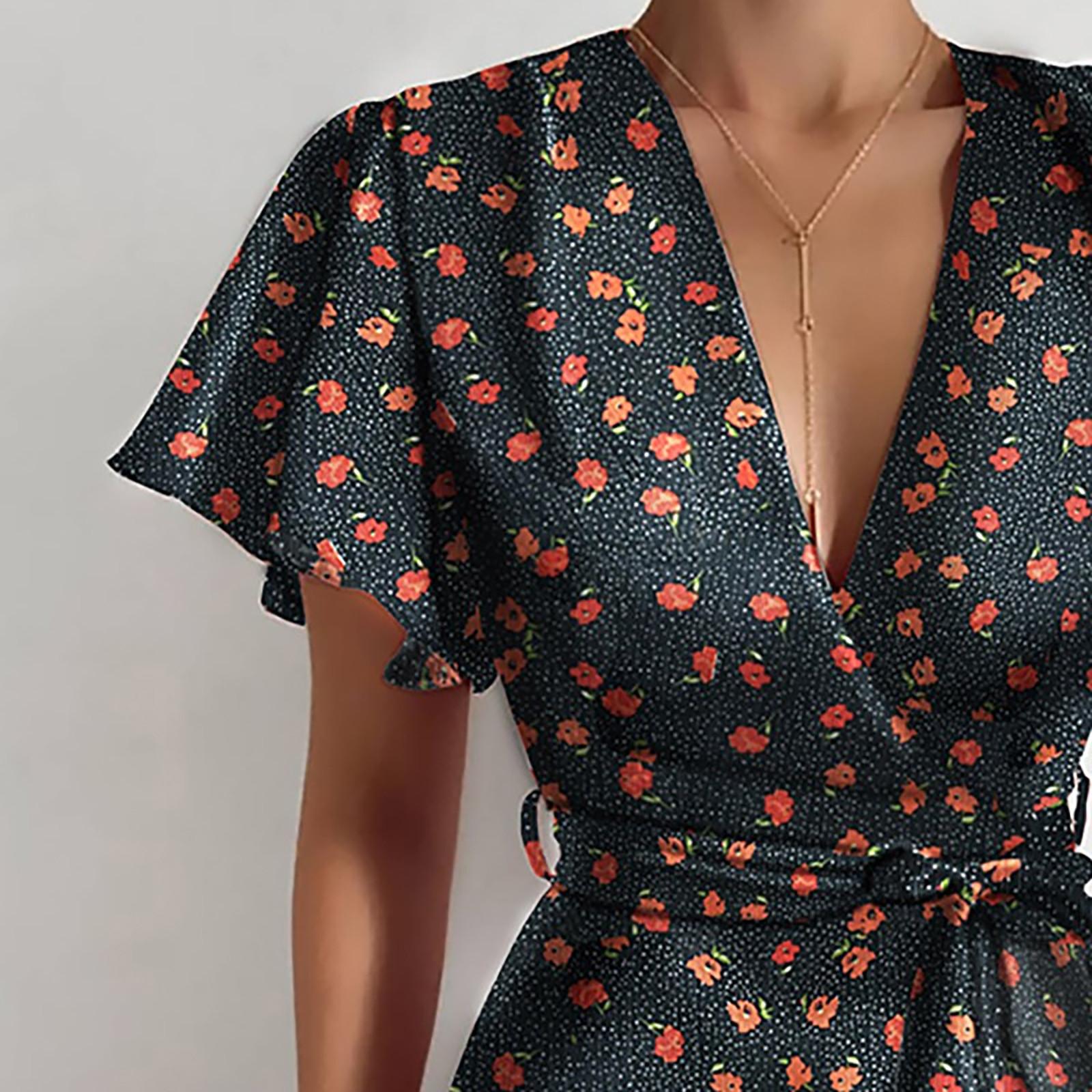 Phụ Nữ Mùa Hè In Hình Cổ Chữ V Tay Ngắn Xù Lông Đai Quấn Thon Gọn Mini Đầm Dự Tiệc Sang Trọng Đầm Đầm Vestido Mujer