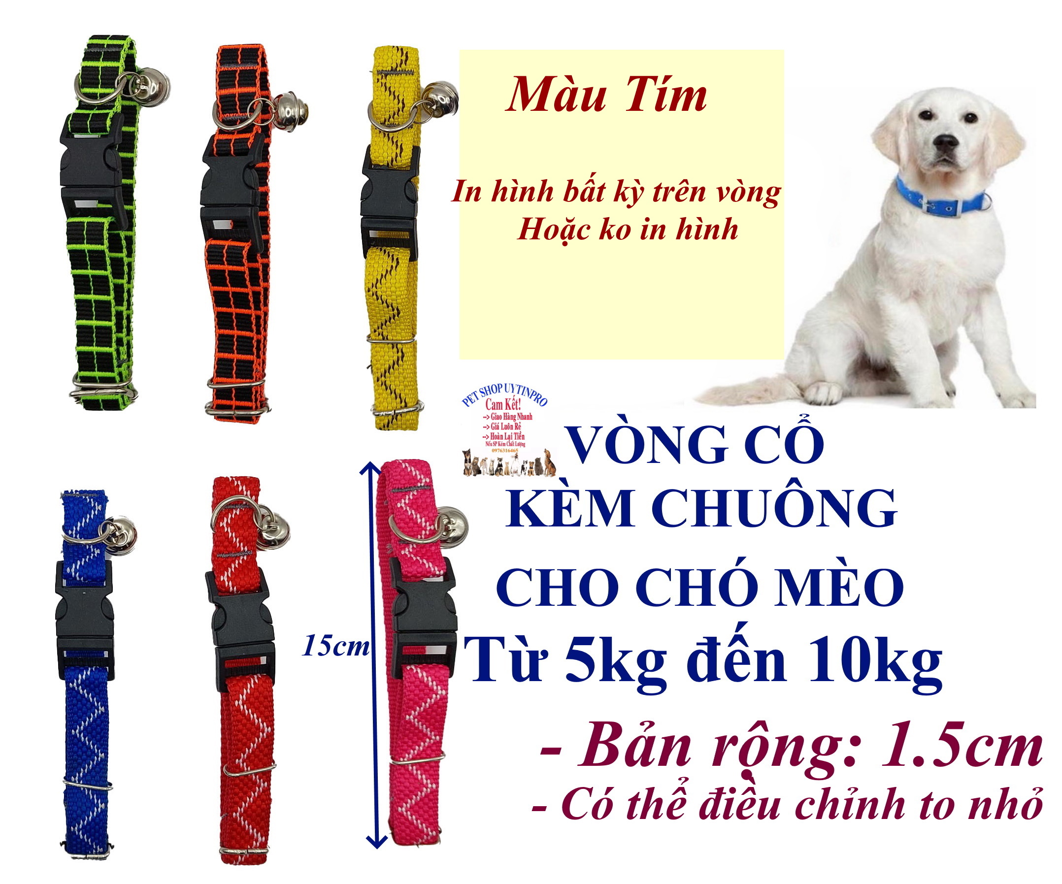 Vòng cổ kèm chuông cho Chó Mèo từ 5kg đến 15kg Bản rộng 1.5cm Chất liệu dù chắc chắn, An toàn, Có thể điều chỉnh to nhỏ