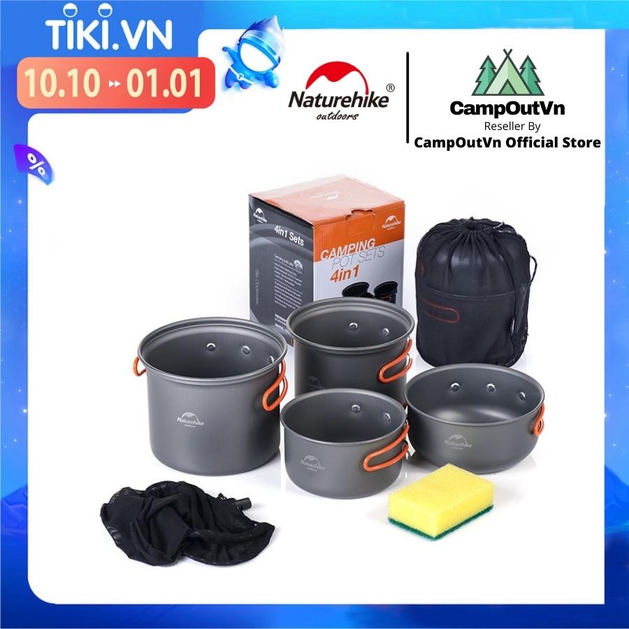 Đồ cắm trại bộ nồi nấu ăn Naturehike 4 món mini nhôm xếp gọn du lịch dã ngoại cắm trại A431