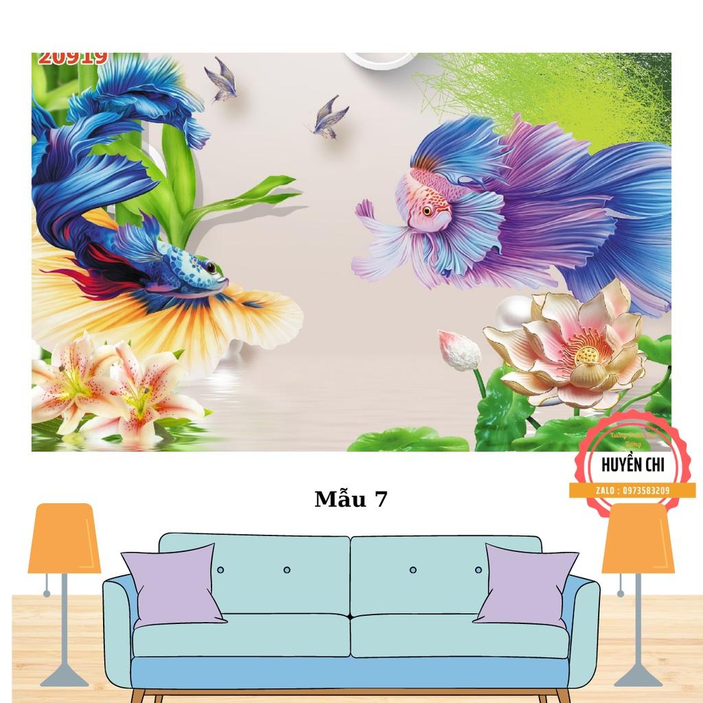 Tranh 3d dán tường trang trí phòng khách- tranh cửa ngư cá hoa sen- ép kim sa- Huyền Chi- Đặt theo kích thước yêu cầu