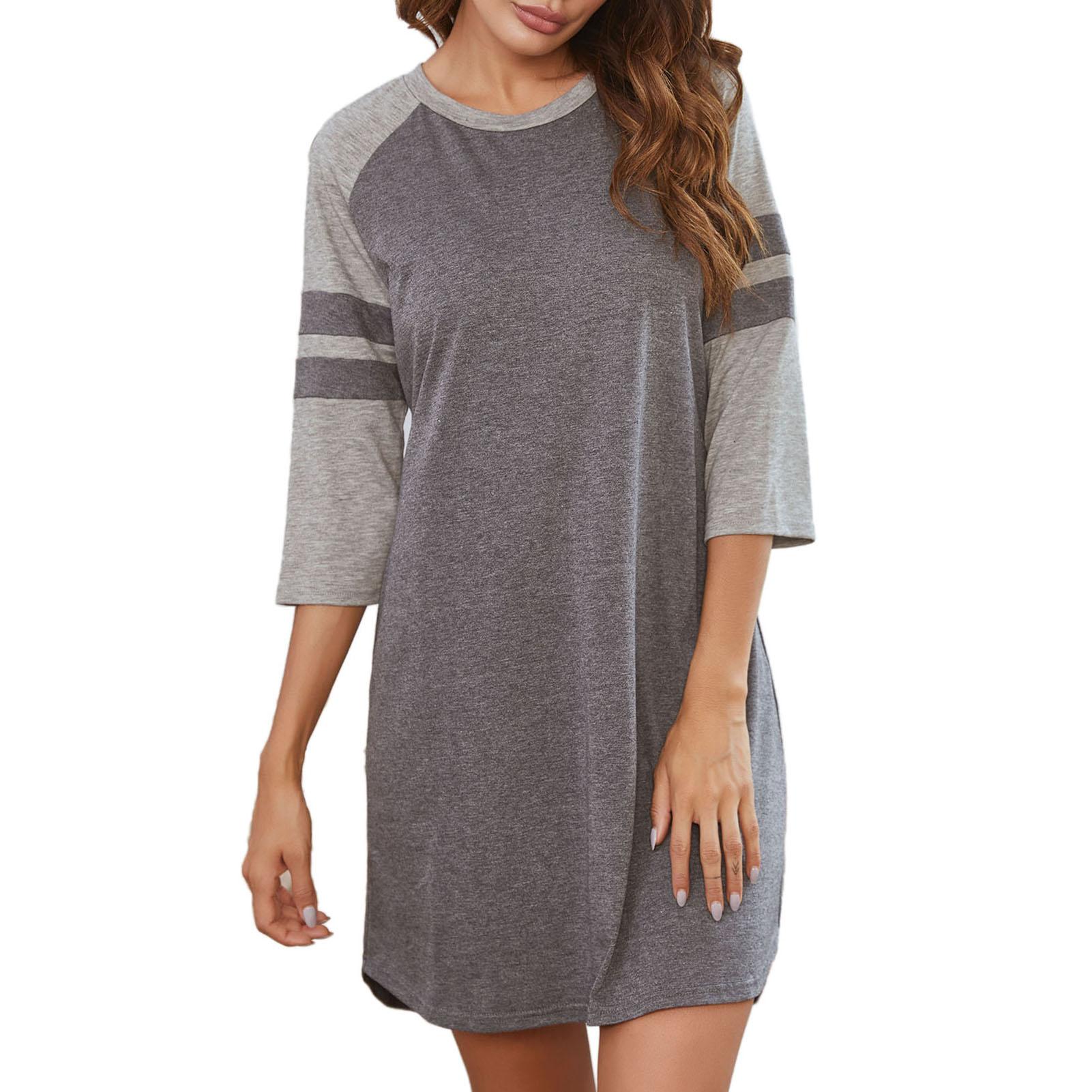 Women Sleep Dress Casual Sleep Shirt Splicing Loose Three Quarter Sleeve O-Neck Nightgown Sleepwear Summer Spring