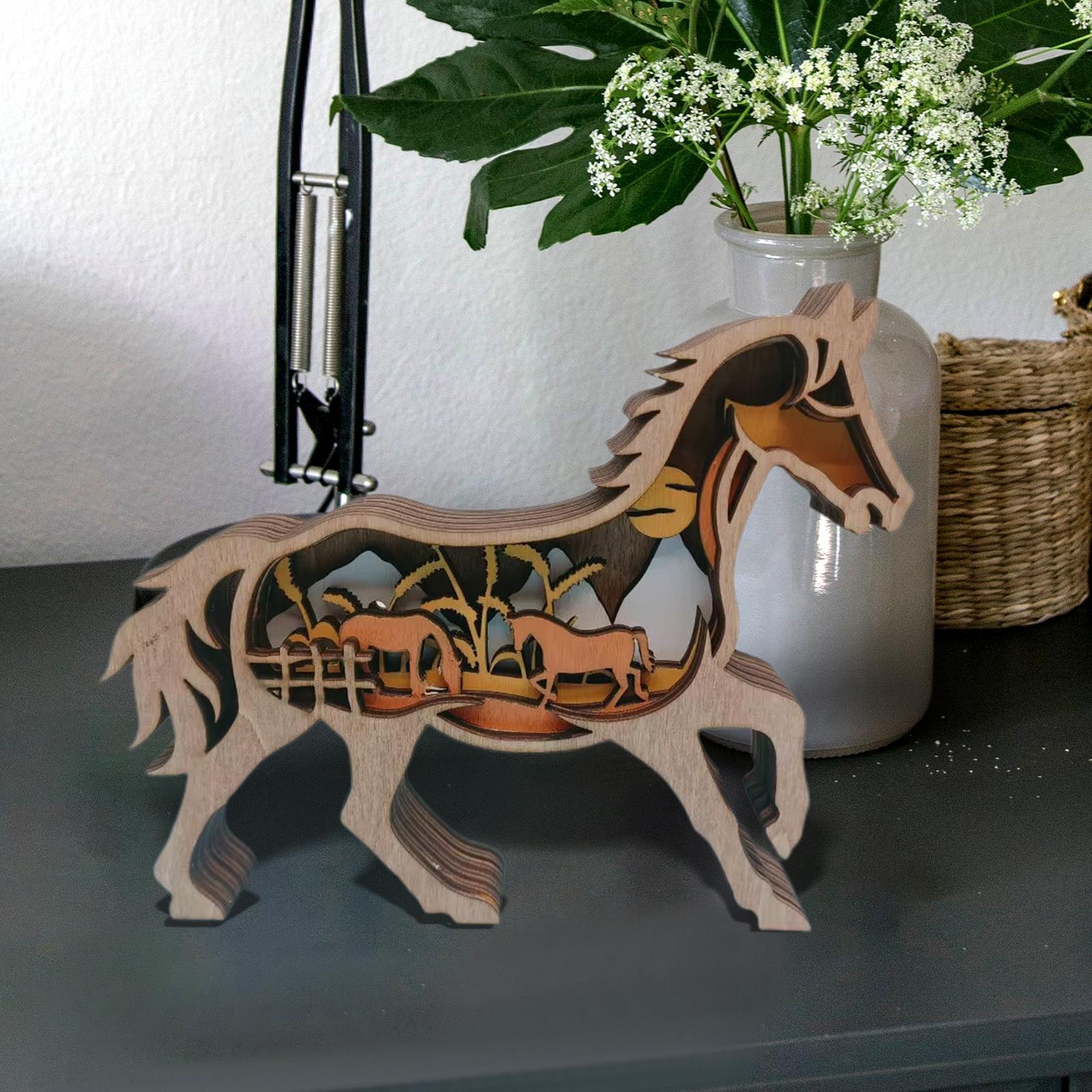Wood Animal Horse Statue 3D Retro Hollowed Engraving Sculpture for Party