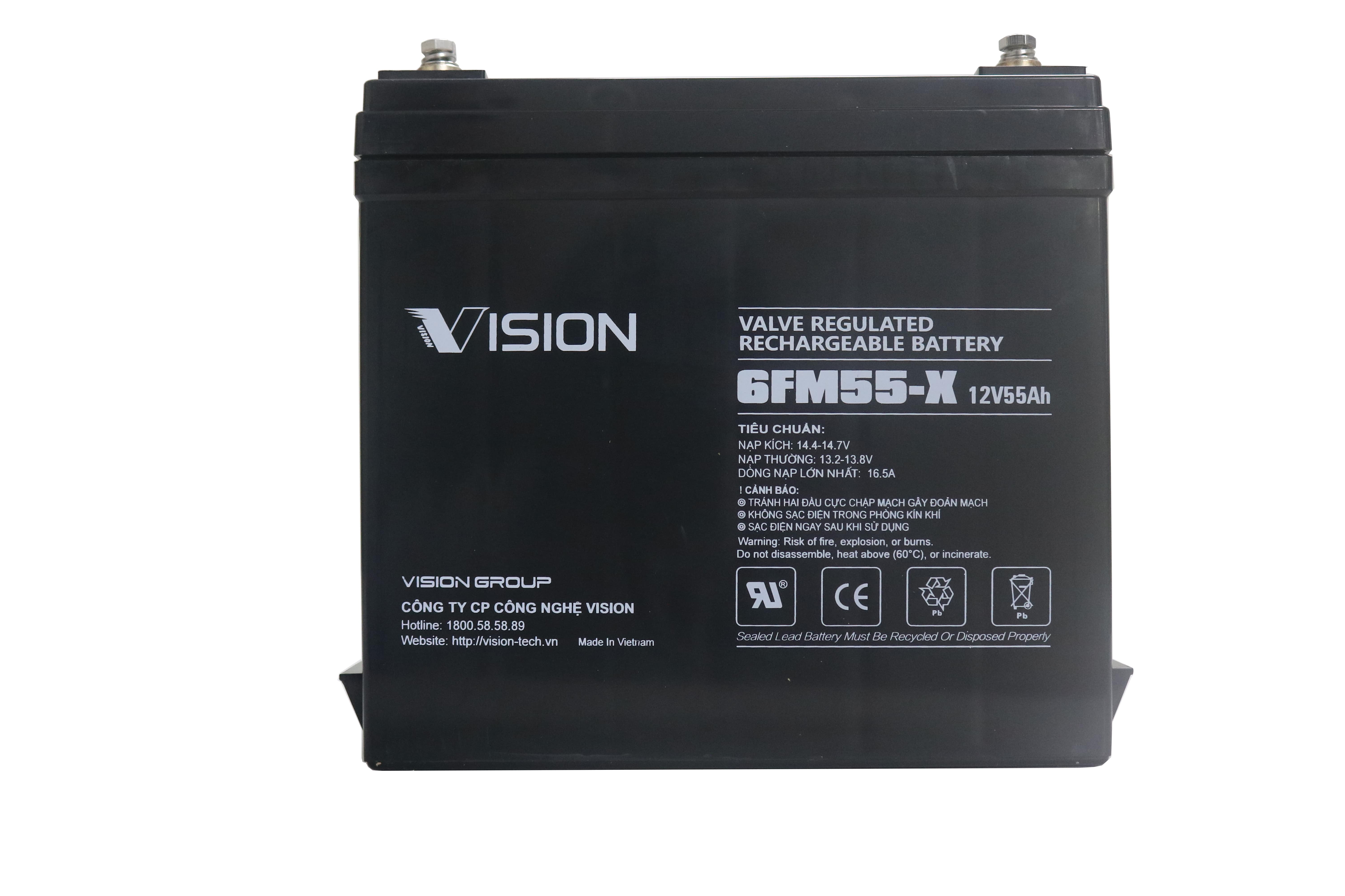 Acquy Khô Vision 12V 55Ah 6FM55-X cho lưu điện, UPS, Viễn thông, Thiết bị điện, Cửa cuốn, Thiết bị chiếu sáng.