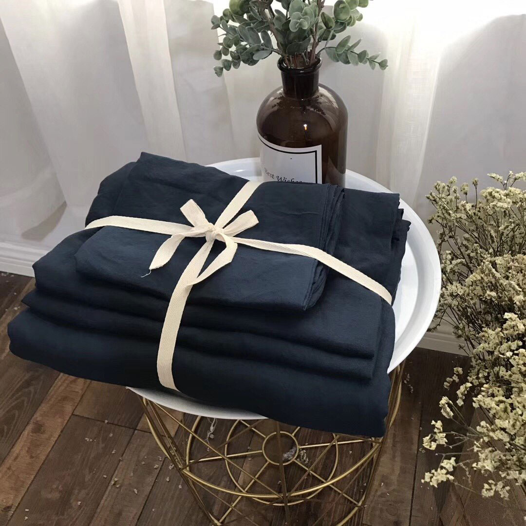 Bộ vỏ chăn drap gối cotton đũi 1 màu Xanh Tím Than