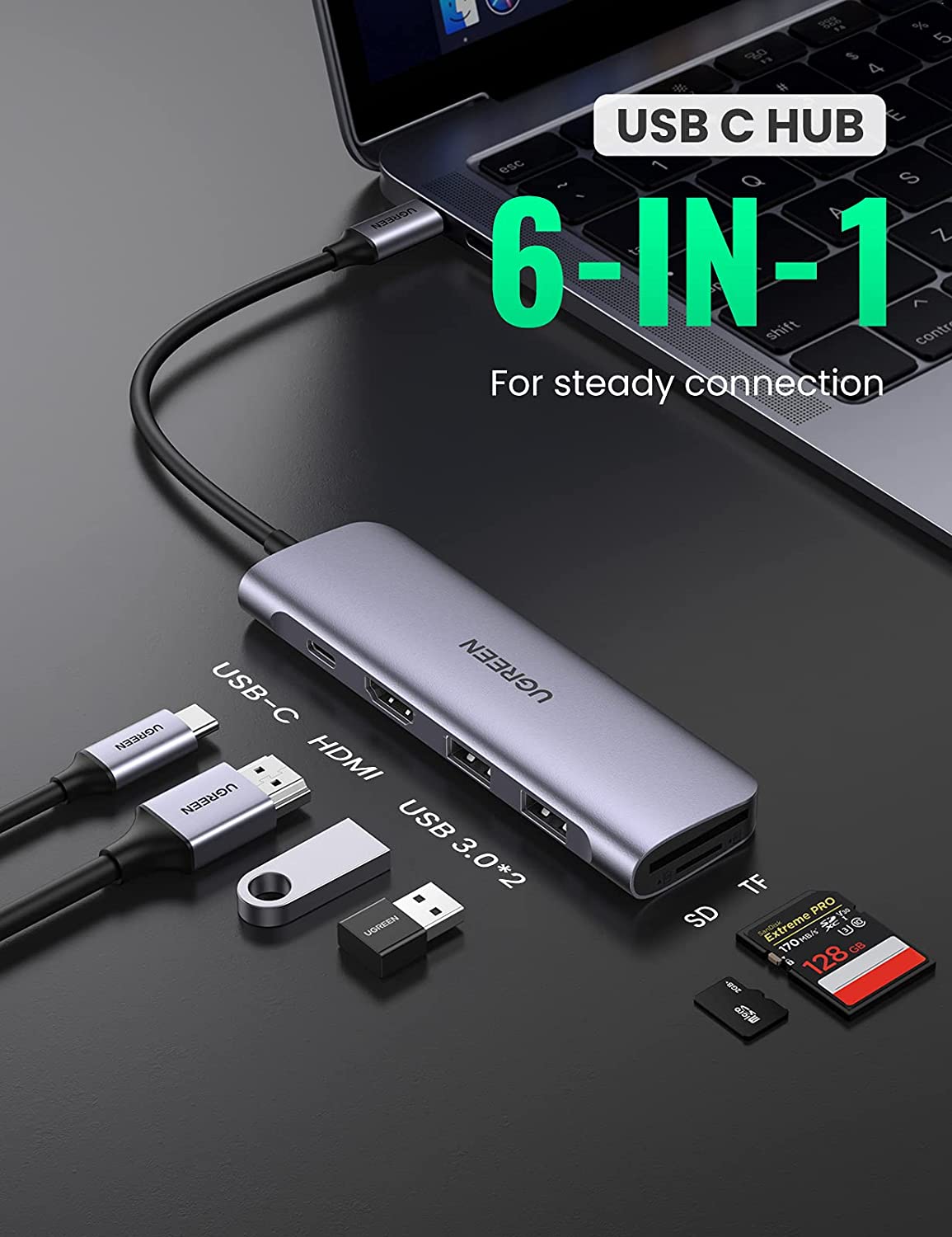 Bộ chuyển đổi đa năng TypeC sang 2 USB 3.0 + HDMI + SD, TF+ PD (6 in 1) Ugreen - hàng chính hãng 70411