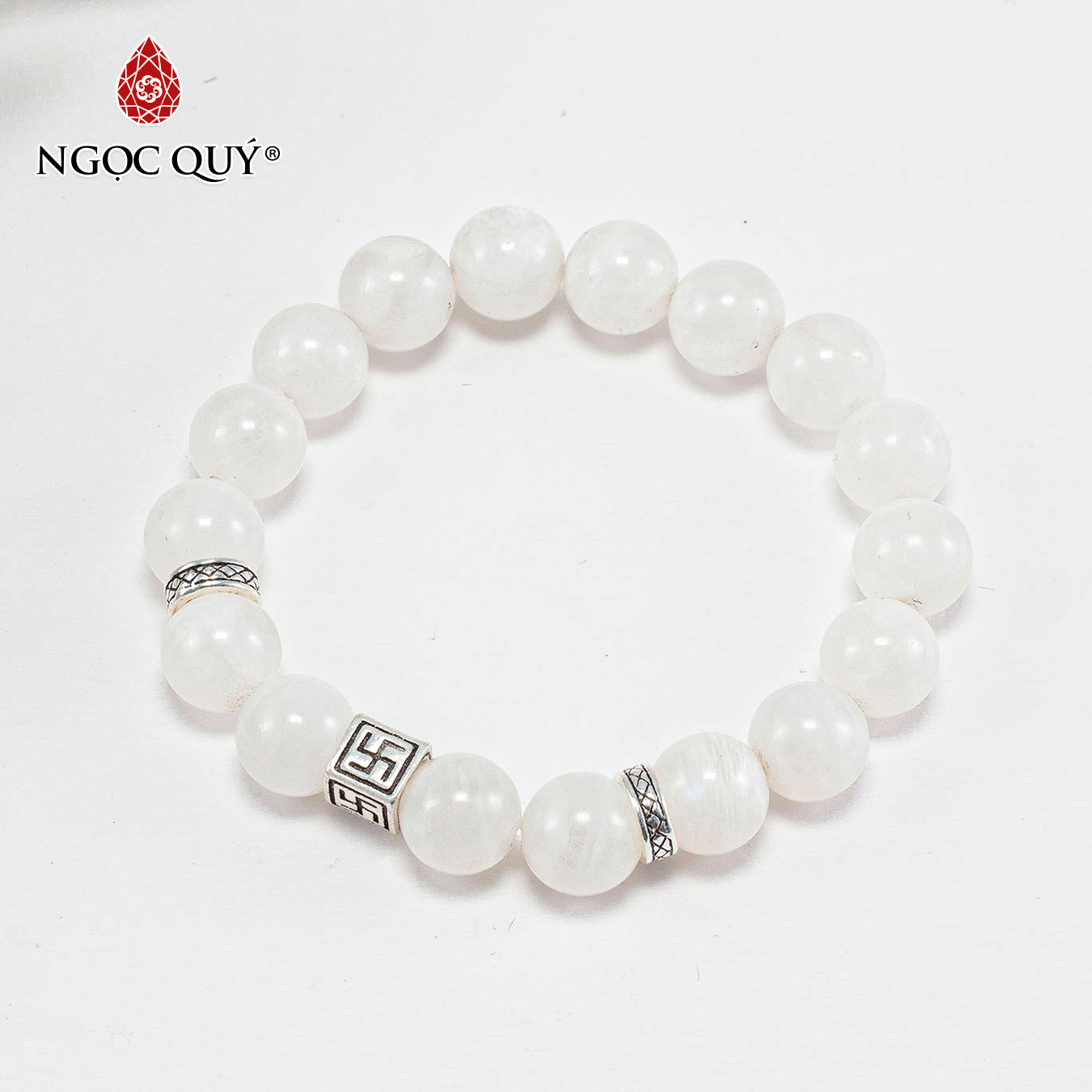 Vòng tay đá xà cừ trắng phối charm chữ vạn bạc  Ngọc Quý Gemstones