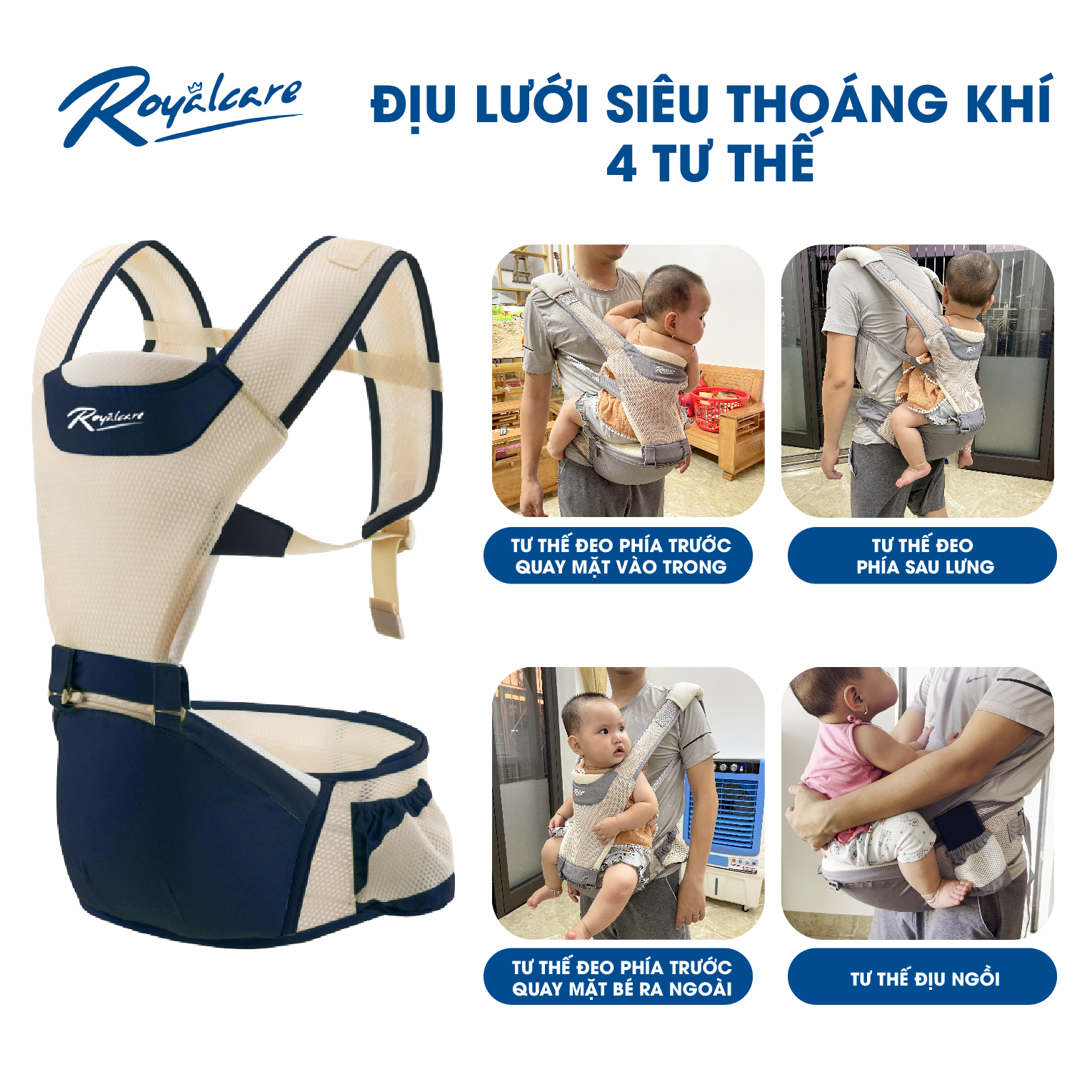 Địu ngồi trẻ em 4 tư thế lưới siêu thoáng Air mesh siêu thoáng Royalcare - 906 - cho bé 3 tháng tới 36 tháng