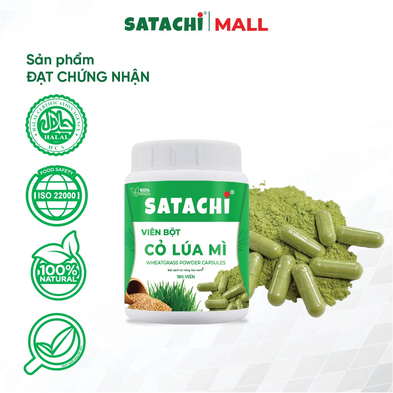 Viên Bột Cỏ Lúa Mì Nguyên Chất SATACHI – 100% Cỏ Lúa Mì Tươi - Dạng Viên Tiện Lợi - Hộp 180 viên