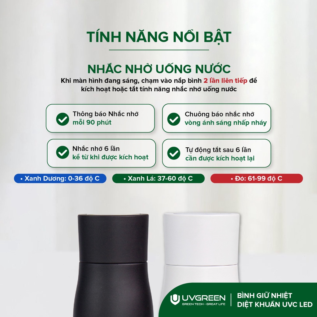 Bình Giữ Nhiệt Diệt Khuẩn UVC LED UK100 UVGREEN 500ml - Hàng Chính Hãng - Công Nghệ Mỹ, Diệt Khuẩn Nước 99,99%, Chất Liệu Inox SUS 316