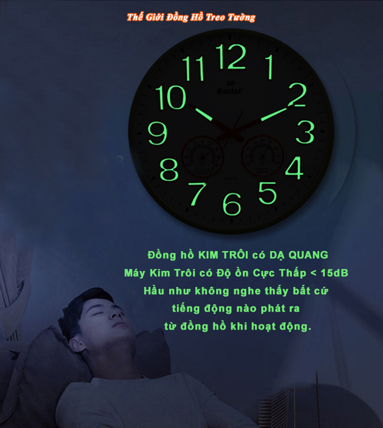 Đồng Hồ Treo Tường DẠ QUANG Tròn Lớn (38cm) - NHIỆT ẨM KẾ Tự Động (Không Dùng Pin) - Máy KIM TRÔI EASTAR - Số Nổi 3D - Viền Siêu Mỏng - Tặng Pin Maxell - BH 1 Năm