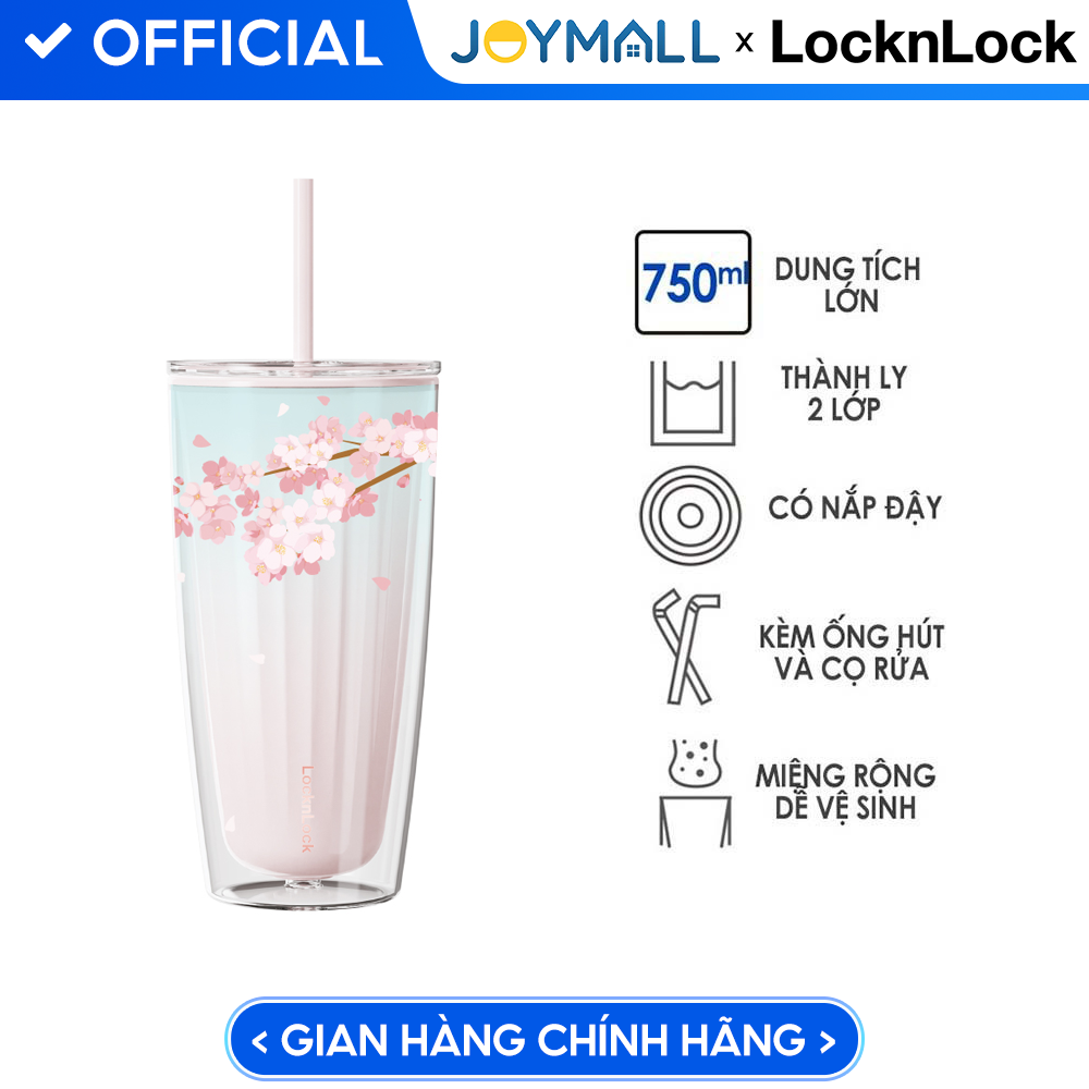 Ly nhựa 2 lớp Lock&amp;Lock màu hồng anh đào HAP522PIK 750ml - Hàng chính hãng, có ống hút, có nắp đậy - JoyMall