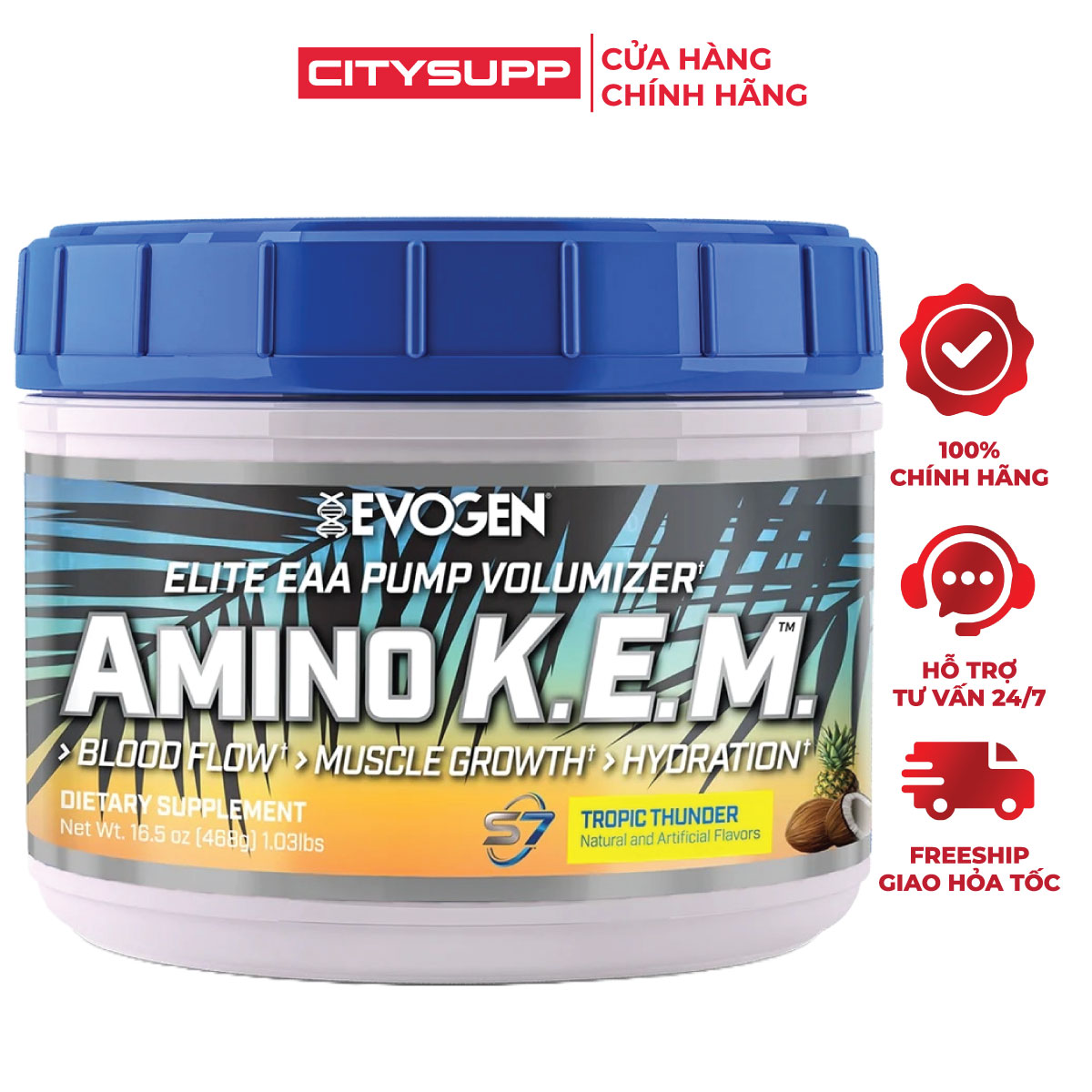 Evogen AMINO K.E.M Intra-Workout, EAA + BCAA, Phục Hồi & Xây Dựng Cơ Bắp, Sức Mạnh, Sức Bền, Bổ Sung 8.5G Amino Axit Thiết Yếu + 50G S7 + 2G Chất Điện Giải, Hộp 30 Lần Dùng