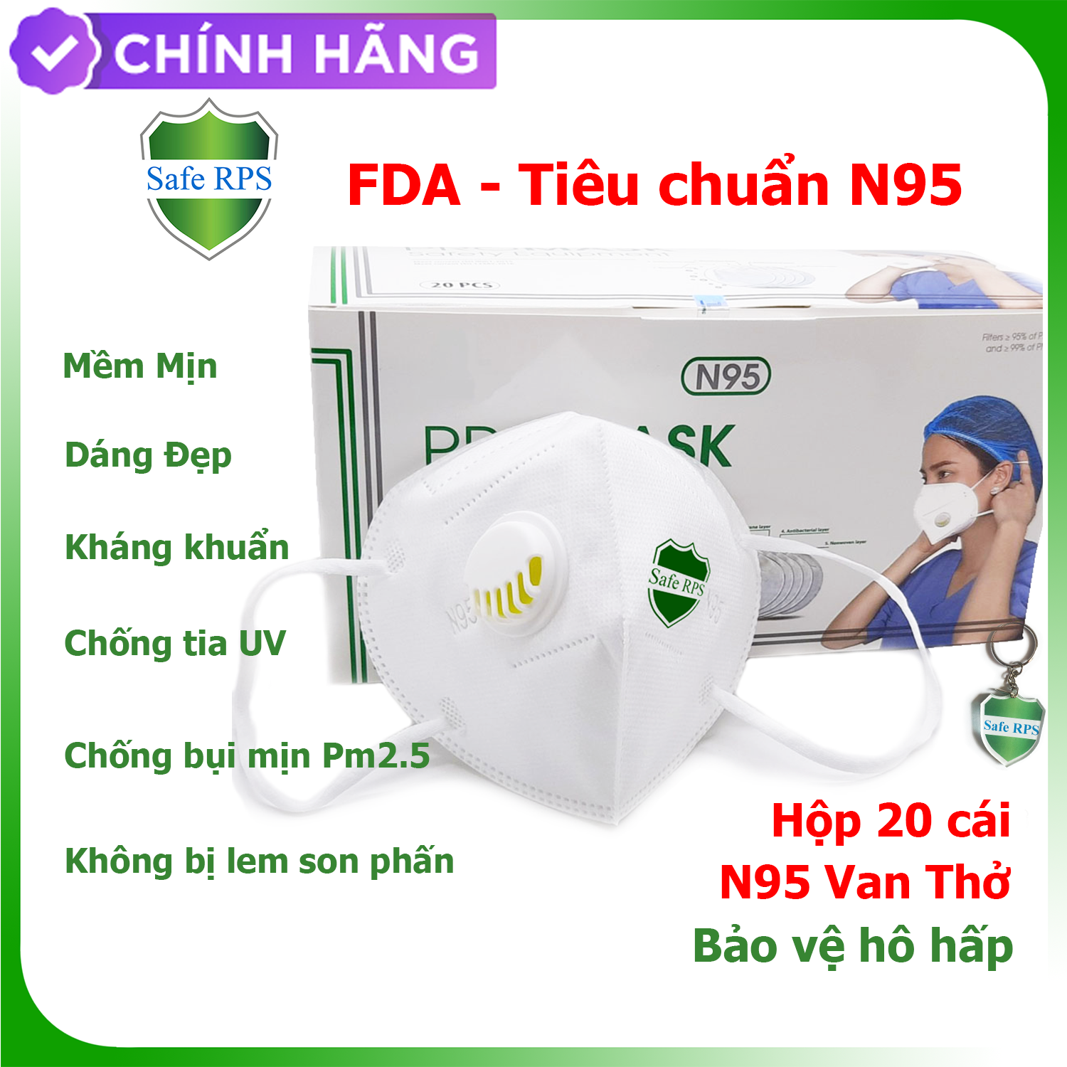 Hộp 20 cái Khẩu trang N95 Pro Mask, có van thở, kháng khuẩn, chống bụi siêu mịn PM2.5, màu trắng - ISO13485, CE, FDA - xuất khẩu Châu Âu , Mỹ ; Tặng móc treo khóa mica