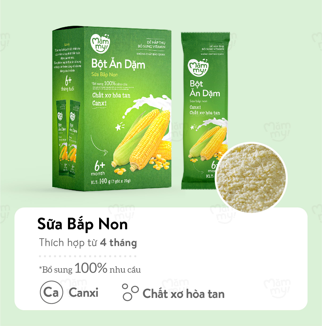 Bột ăn dặm sữa bắp non Mămmy cung cấp chất xơ hòa tan và Canxi bổ sung vitamin cho bé - 140gr