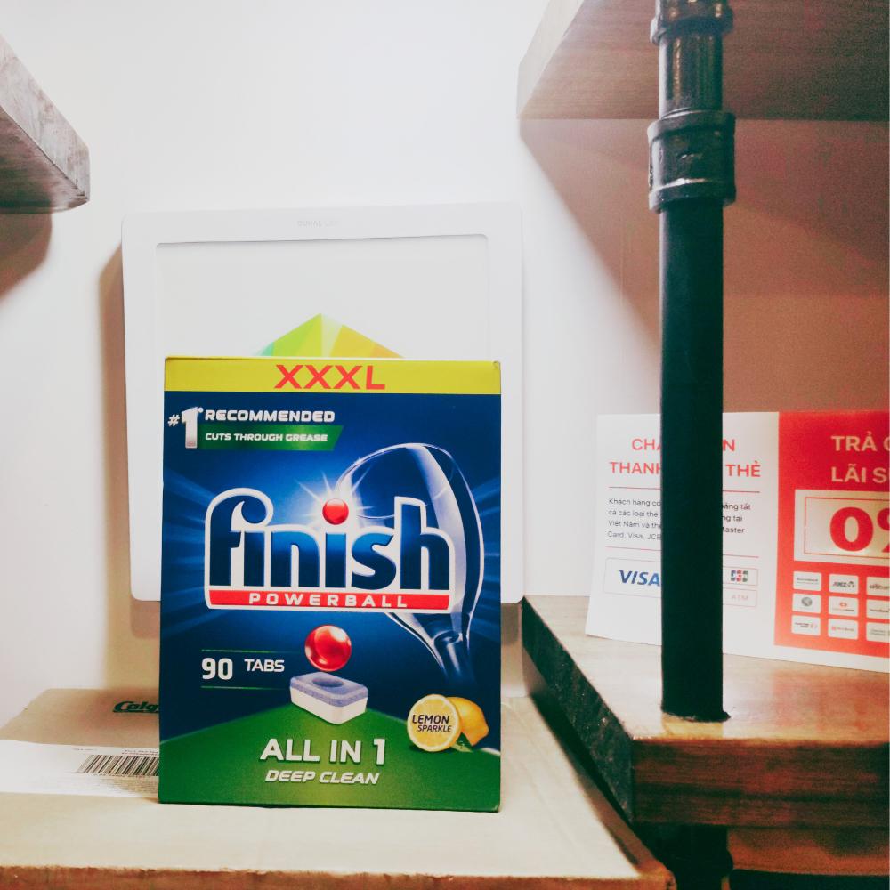 Combo 4 món Hộp 90 viên Finish GIGA All in 1 + Muối Finish 1,5kg + 2 Nước làm bóng Finish 400ml dành cho máy rửa chén EU