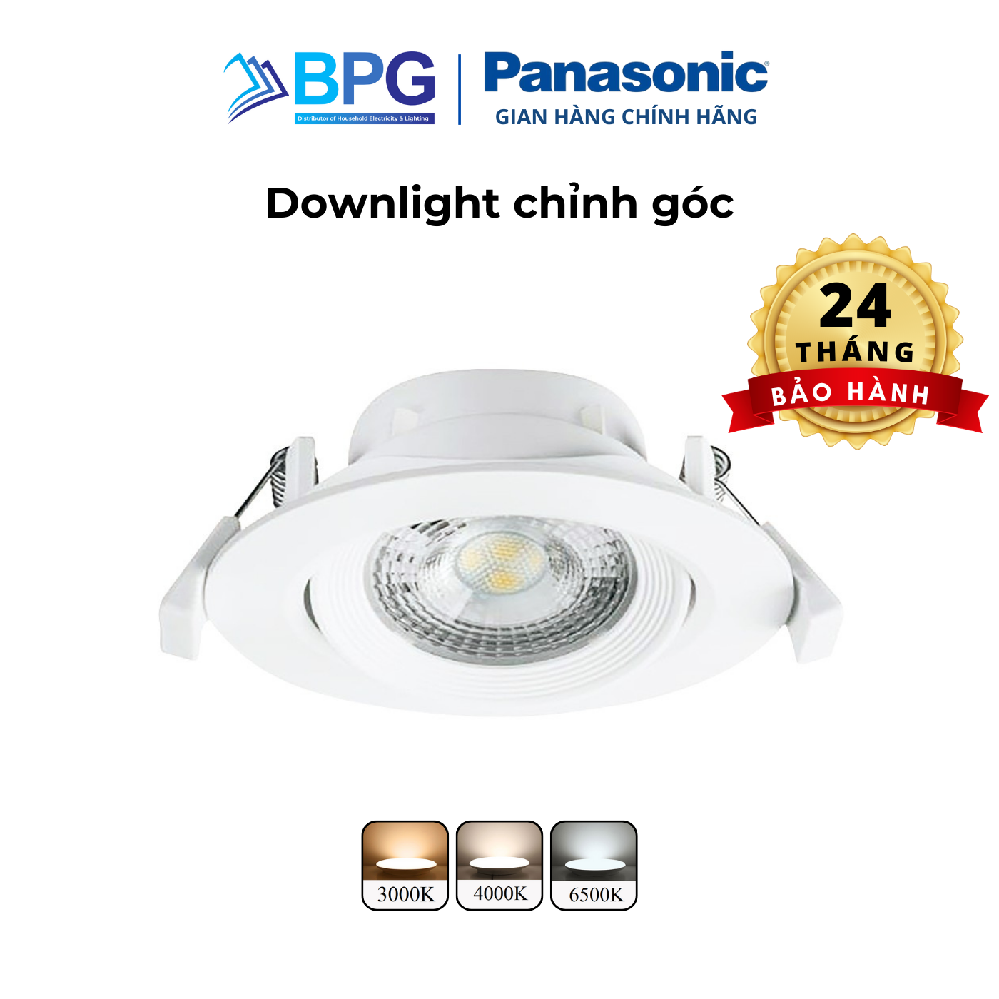 Đèn Led Âm Trần Downlight Đơn Sắc Chỉnh Góc Panasonic Công Suất 5W, 7W Lỗ Khoét Phi 80Mm, Ánh Sáng Trắng 6500K, Ánh Sáng Trung Tính 4000K - Vàng 3000K - 7W - Phi 80