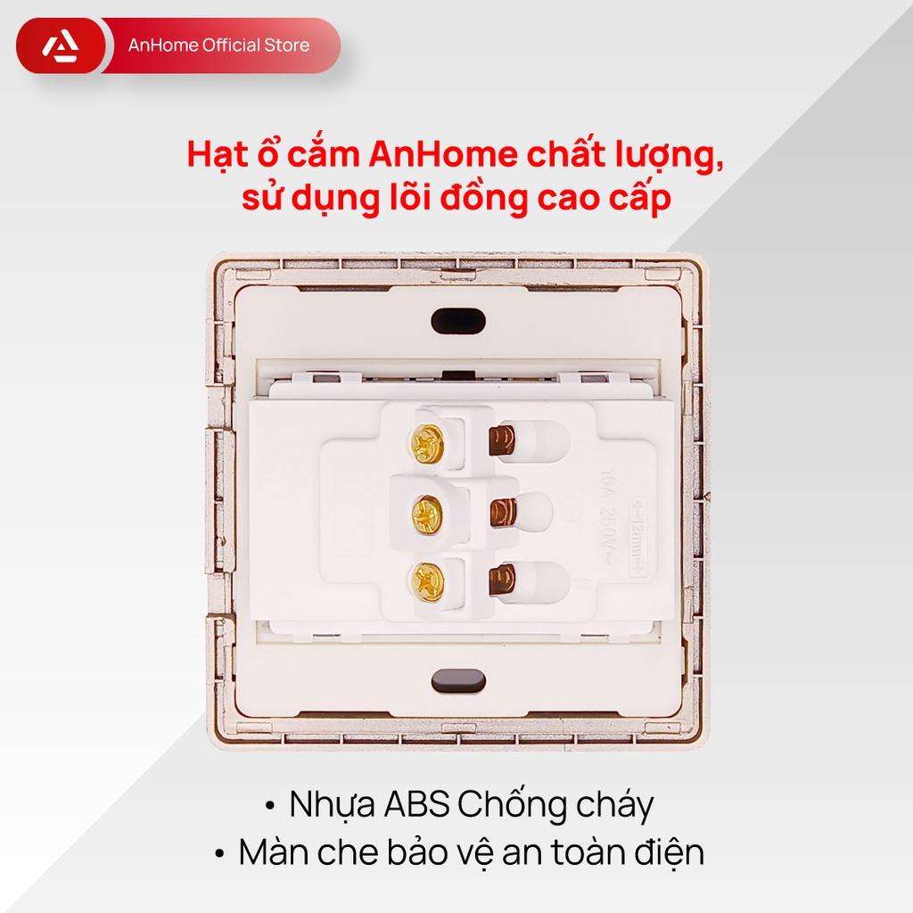 Ổ cắm điện mặt kính cường lực vuông 3 chấu viền mạ Champagne AnHome GS-U3