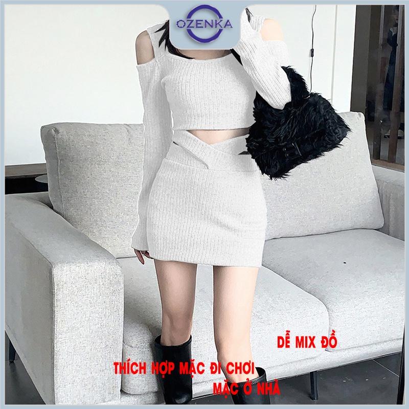 Set áo croptop trễ vai chân váy ngắn ôm Ozenka , ao crt tay dài kèm chân váy ôm body vải gân cotton dày đẹp đen trắng