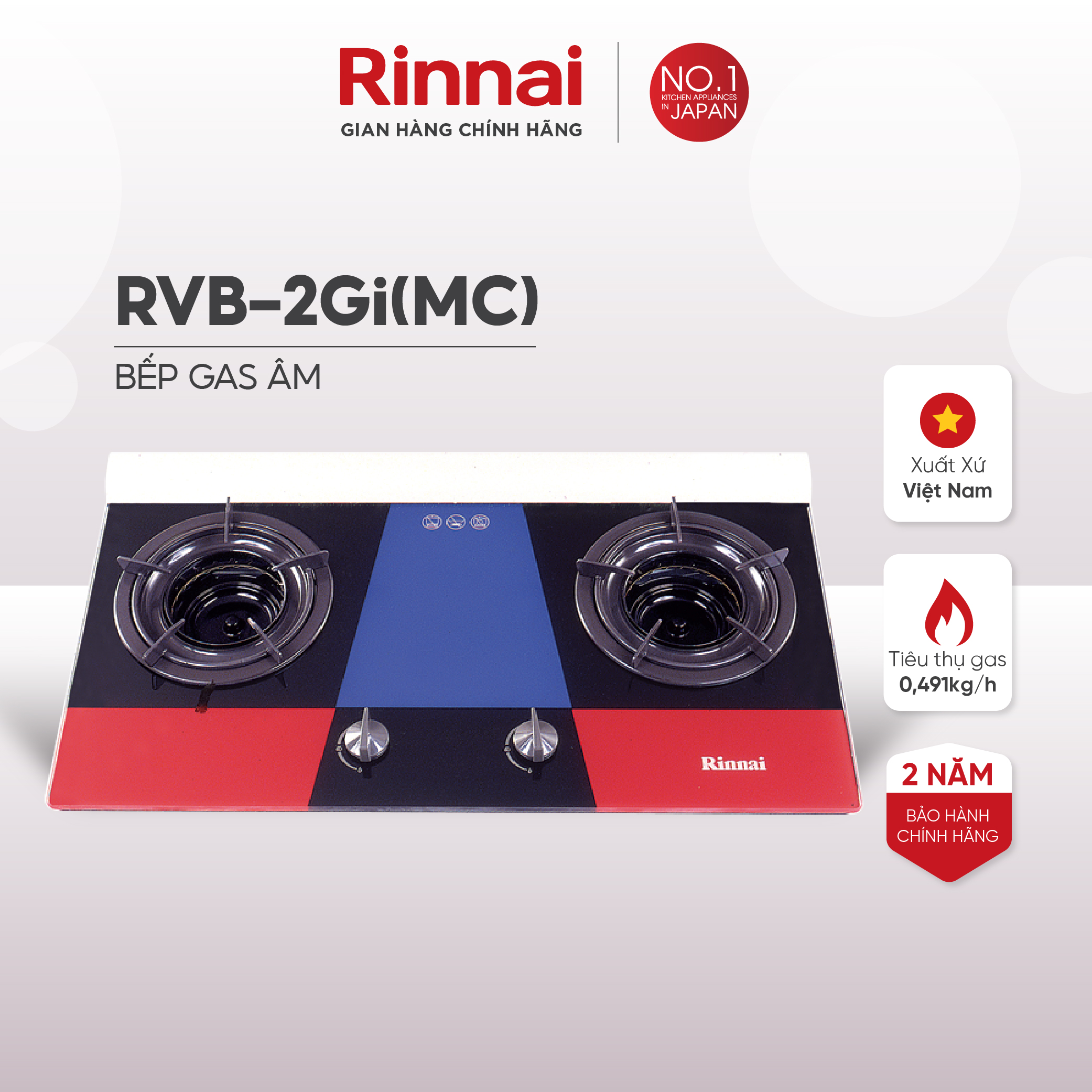 Bếp gas âm đầu đốt trong Rinnai RVB-2Gi mặt bếp kính và kiềng bếp men - Hàng chính hãng