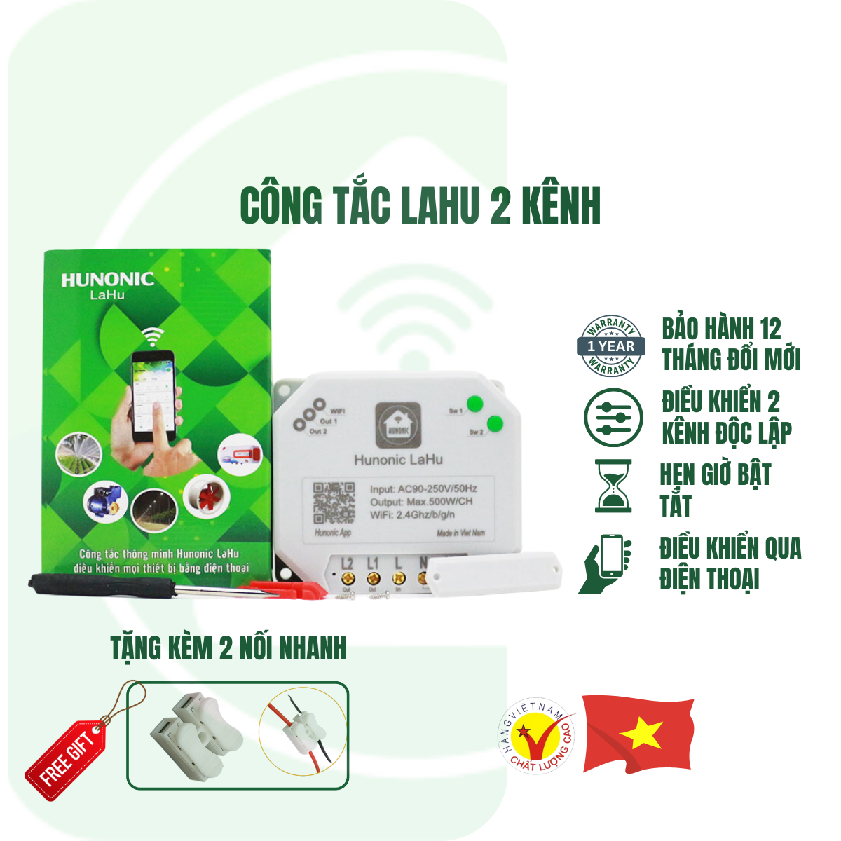 Công Tắc Điều Khiển Từ Xa Qua Điện Thoại Hunonic Lahu 4 kênh│Công tắc thông minh kết nối Wifi│ Hàng Việt