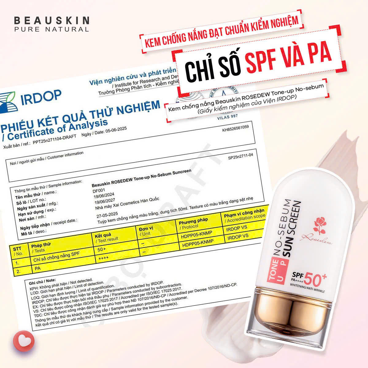 Kem chống nắng nâng tone kiềm dầu Beauskin Rose Dew Tone Up No-Sebum Sunscreen Hàn Quốc - 55ml
