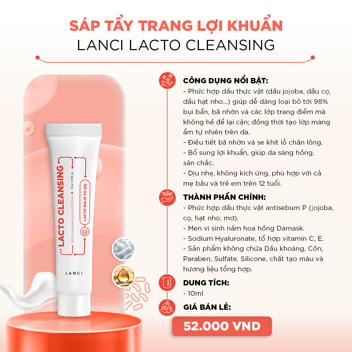 Minisize Sáp Tẩy Trang Lợi Khuẩn LANCI Lacto Cleansing 10ml
