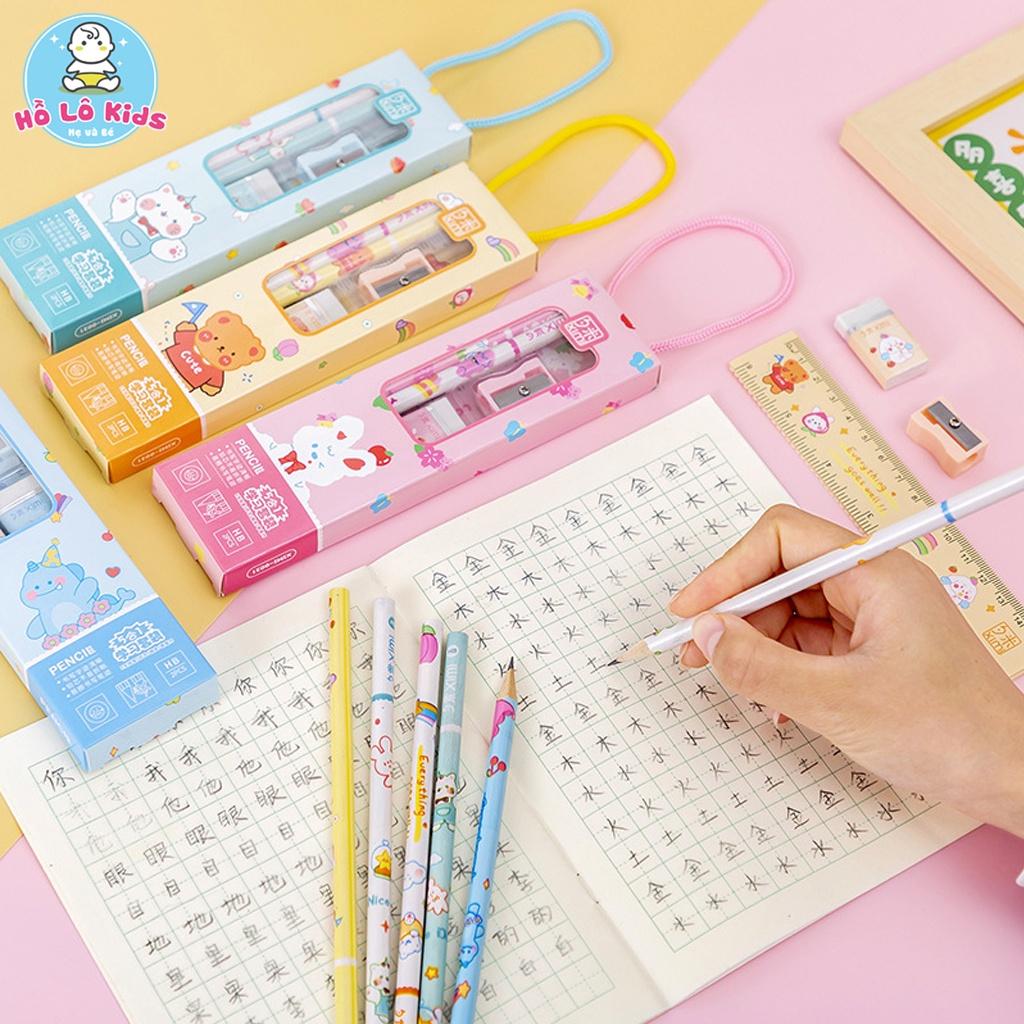 Set 4 chi tiết thước kẻ, bút chì, gọt bút, tẩy có hộp quai đeo cho bé đi học Hồ Lô Kids