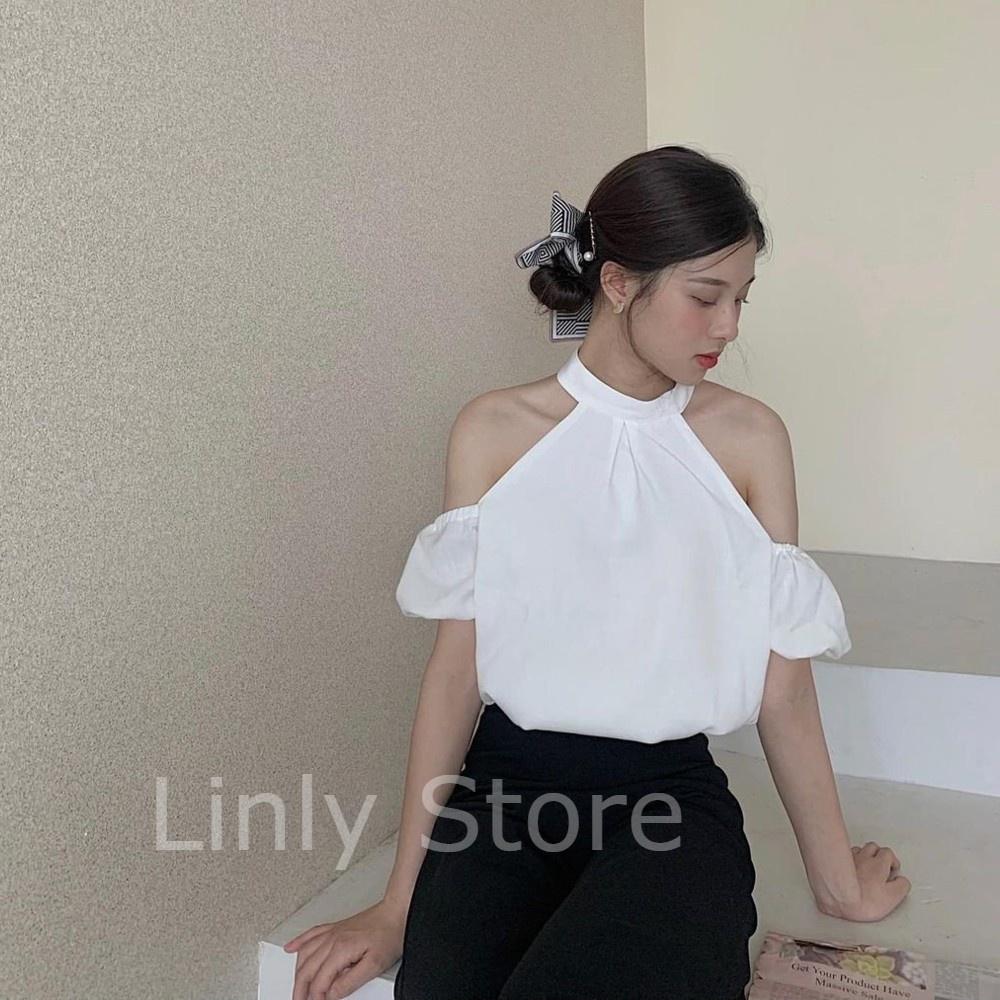 Áo hở vai cổ yếm 2 lớp – Áo trễ vai tay bồng chất linen – Croptop kiểu eo bo chun