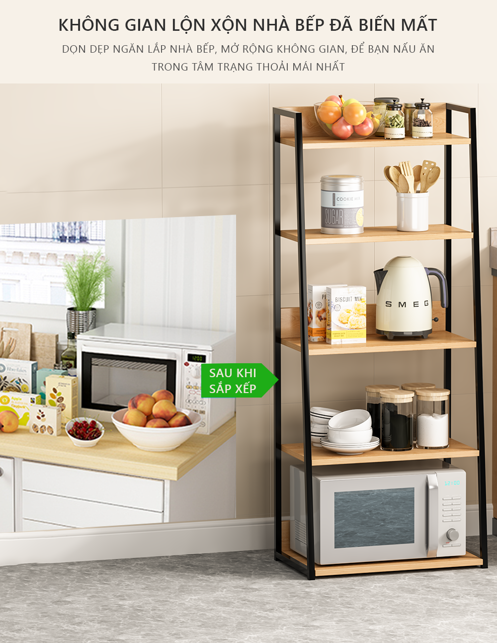 Kệ đa năng 5 tầng, kệ lò vi sóng, để đồ dùng trong bếp khung thép chống gỉ sơn tĩnh điện- AM05/AM06