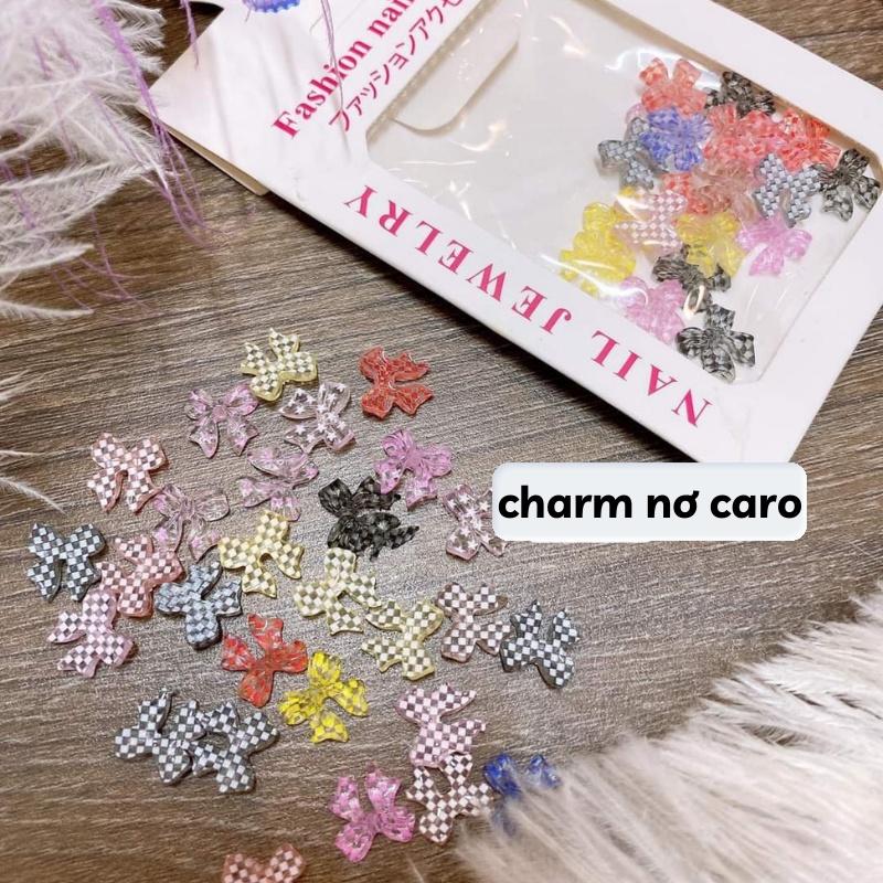 Charm nail - Bộ 25 charm nơ caro gắn móng tay xinh xắn 