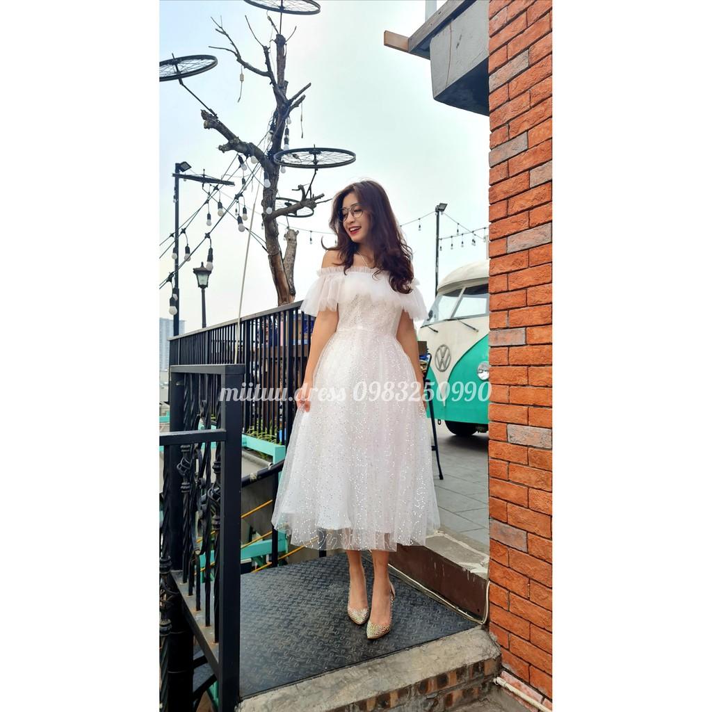Váy hoa nhí trắng dự tiệc trễ vai kỉ yếu dạ hội đi chơi sinh nhật xòe bèo công chúa xinh dễ thương kim sa CL1 Miituu