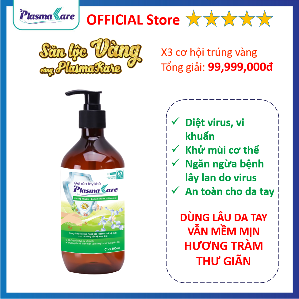 Gel rửa tay khô PlasmaKare chai 300ml sát trùng, khử mùi, mềm da, không hại da tay khi dùng thường xuyên