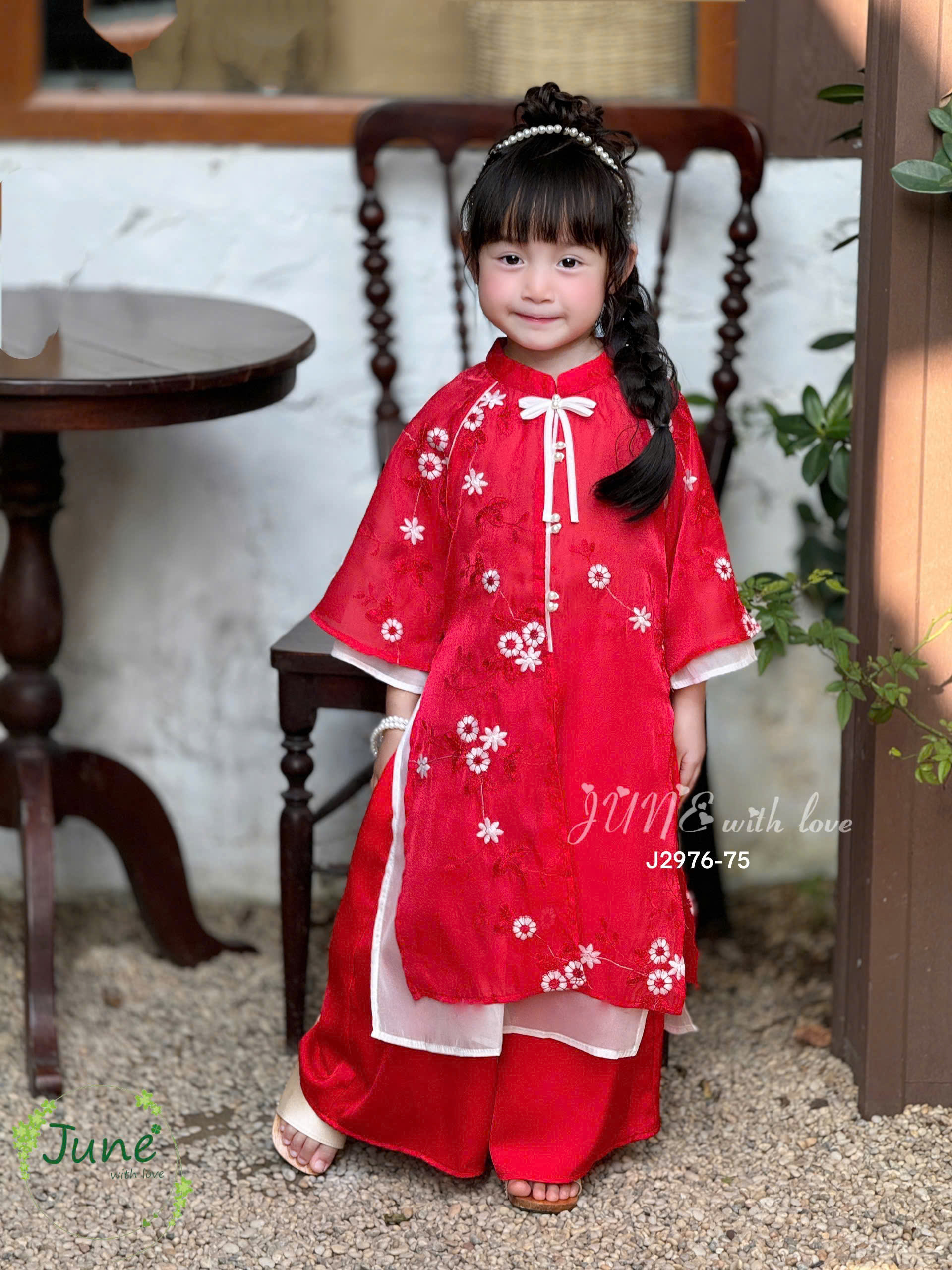 Bộ áo dài cho bé gái mẫu Hoa như ý diện tết đón xuân năm mới 10-40kg mềm mát