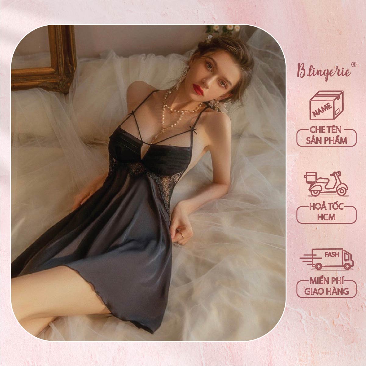 Váy Ngủ Trơn Phối Ren Nữ Tính - B.Lingerie