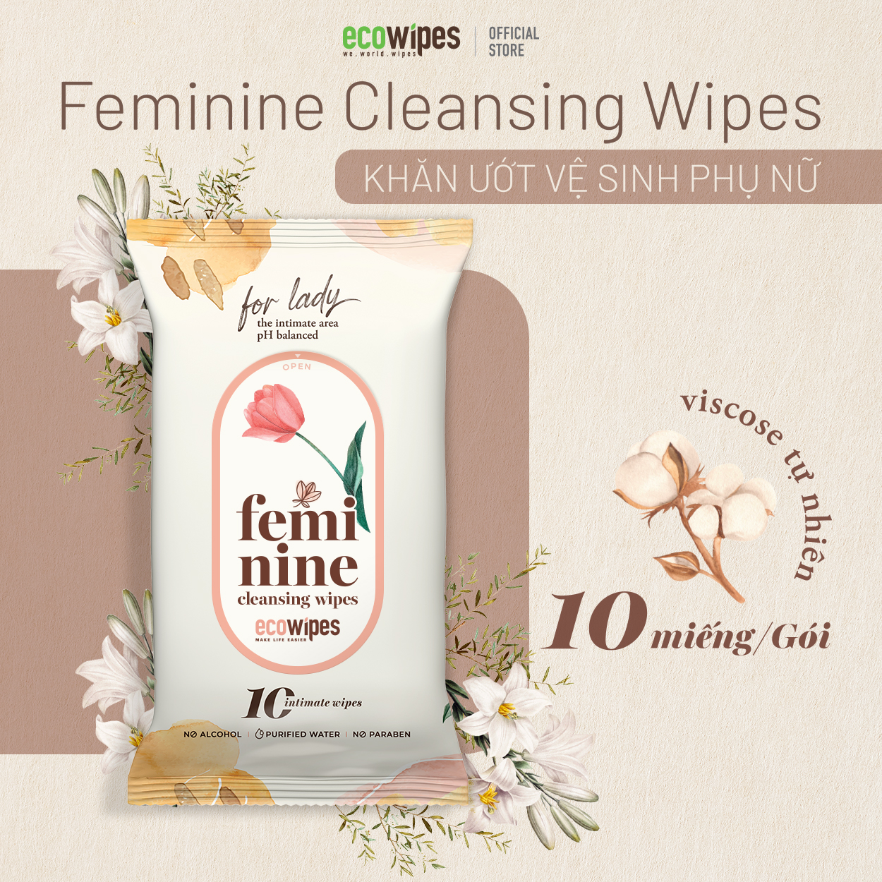 Thùng 180 gói khăn giấy ướt phụ khoa Ecowipes gói 10 tờ vệ sinh cá nhân phụ nữ hương Daisy size 15x20cm nhỏ gọn