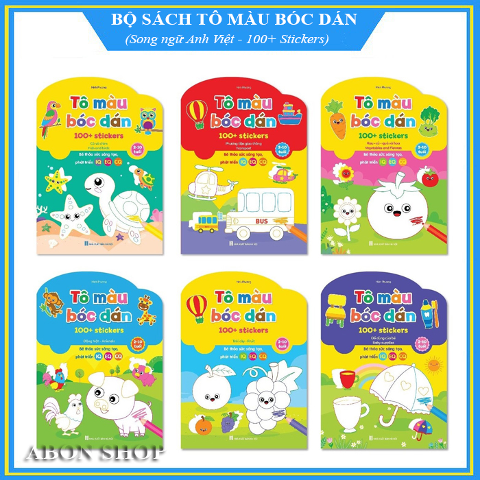 (Bản mới nhất) Bộ 6 cuốn Tô màu bóc dán 100+ stickers (song ngữ Anh – Việt) - Cho bé thỏa sức sáng tạo, phát triển IQ - EQ - CQ