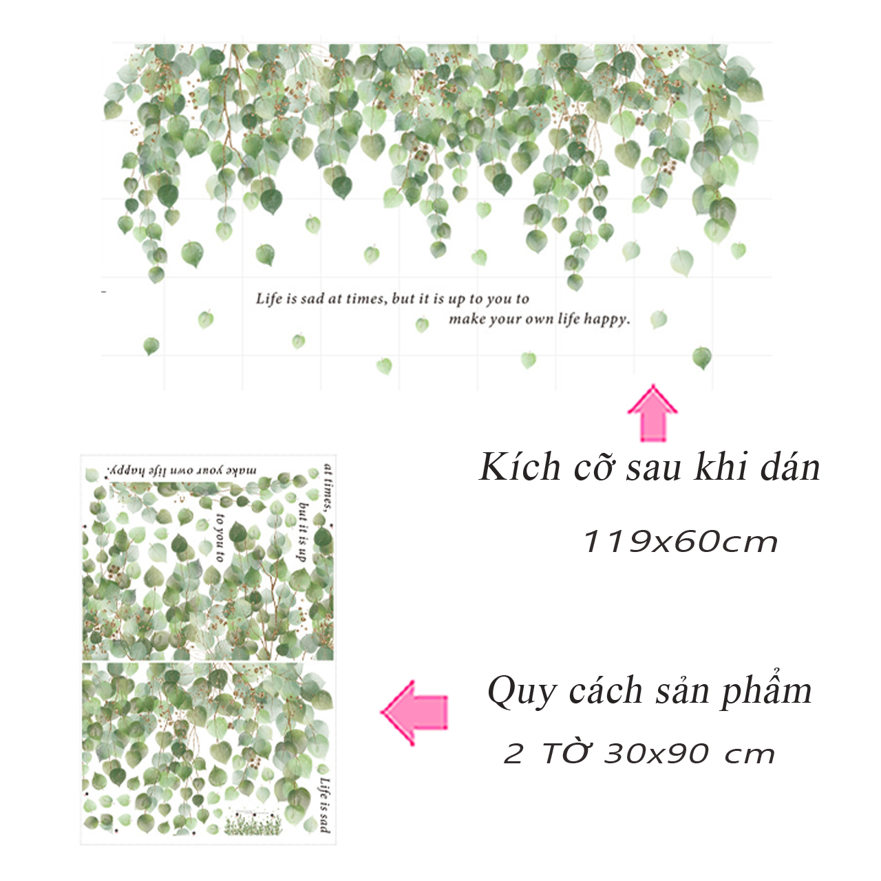 -Decal dán tường trang trí phòng khách- Giàn lá xanh tươi mát