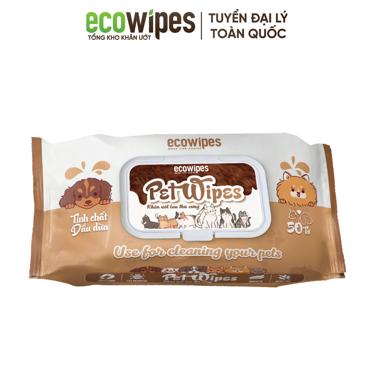 Khăn ướt vệ sinh thú cưng Pet Wipes gói 50 tờ mùi hương tự nhiên vừa làm sạch khử mùi cho chó mèo