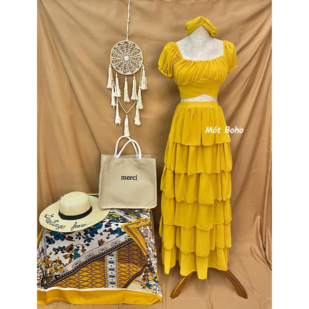 Sét áo tay cộc và chân váy voan 6 tầng kèm turban