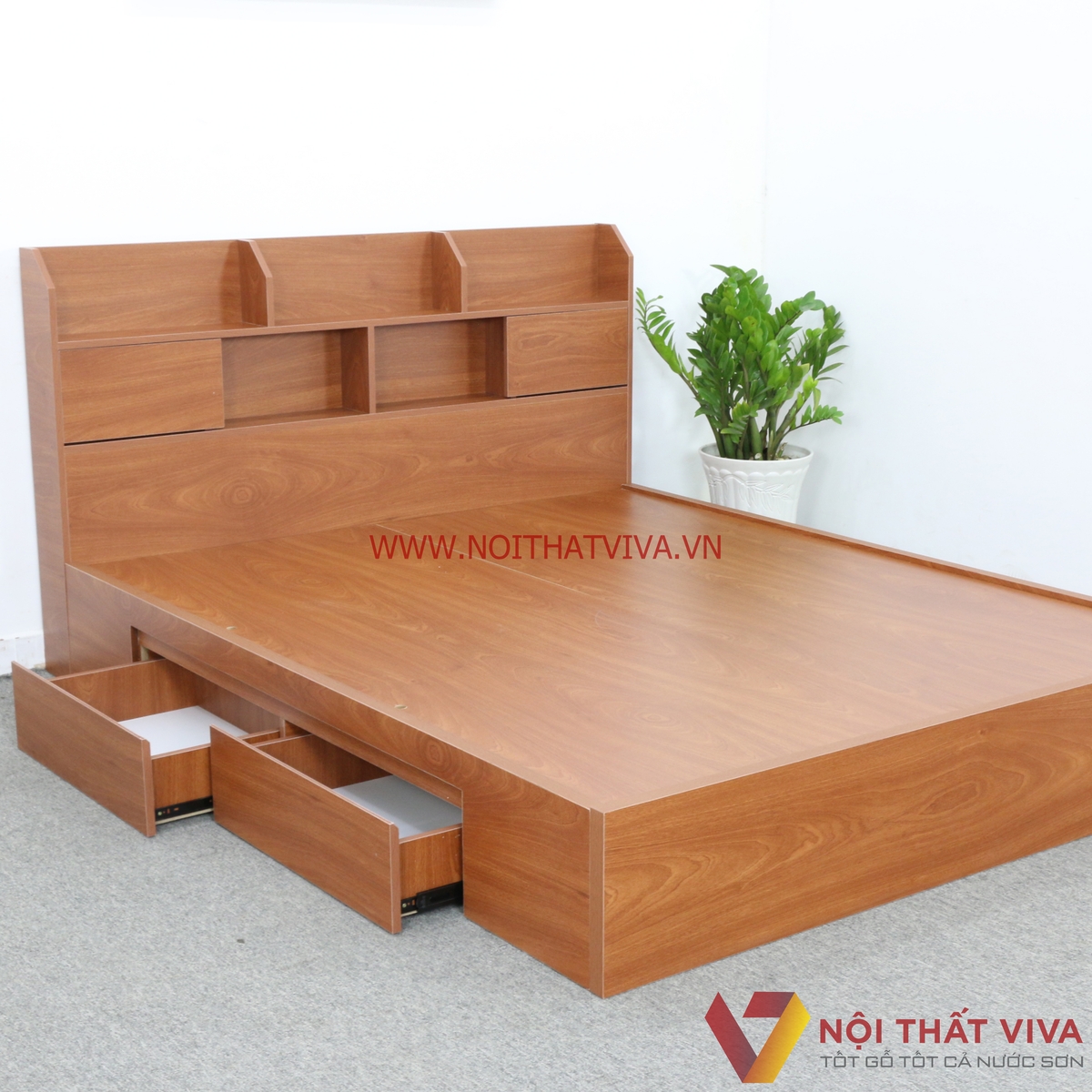 Giường Ngủ Hộp Gỗ MDF Melamine 1m6x2m Ngăn Kéo Xoan Đào