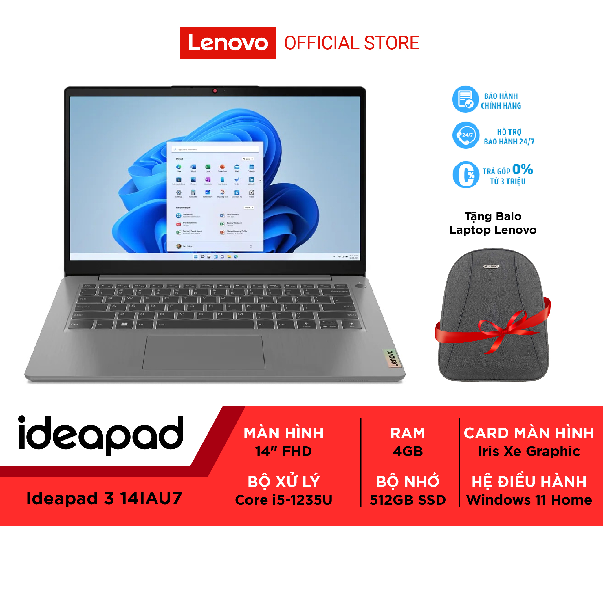 Laptop Lenovo IdeaPad 3 82RK001QVN i5-1235U | 8GB | 512GB | Intel Iris Xe | 15.6&quot; FHD | Win 11 - Hàng chính hãng