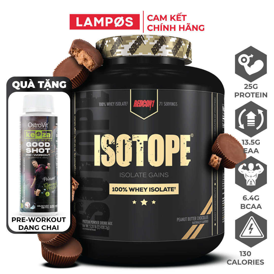 Redcon1 Isotope Whey Isolate (71 Serings), Hỗ Trợ Tăng Cơ - Đốt Mỡ, Hấp Thu Nhanh, Bổ Sung 25g Protein, 13.5g EAA, 6.4g BCAA, Không Lactose, Hộp 5Lbs (2.4Kg)