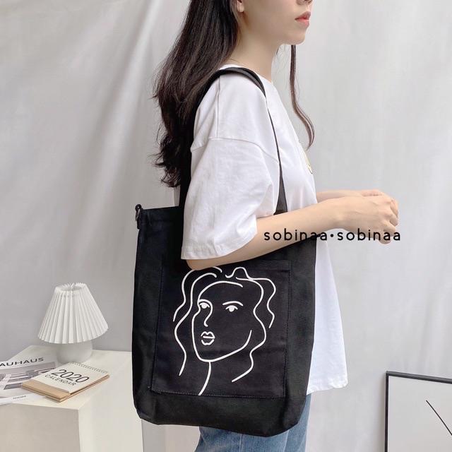 Túi tote siêu xinh - Cô gái tóc thưa đen,34cmx37cm đựng vừaA4